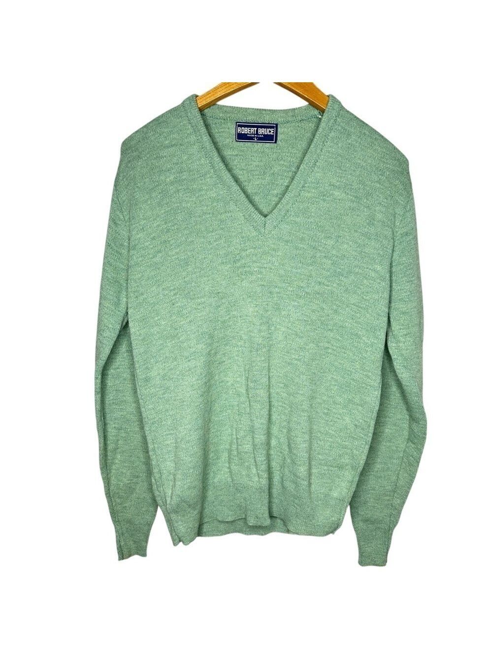 Vintage Robert Bruce Men’s Green V-Neck Knit Sweater Made In USA Size‎ L